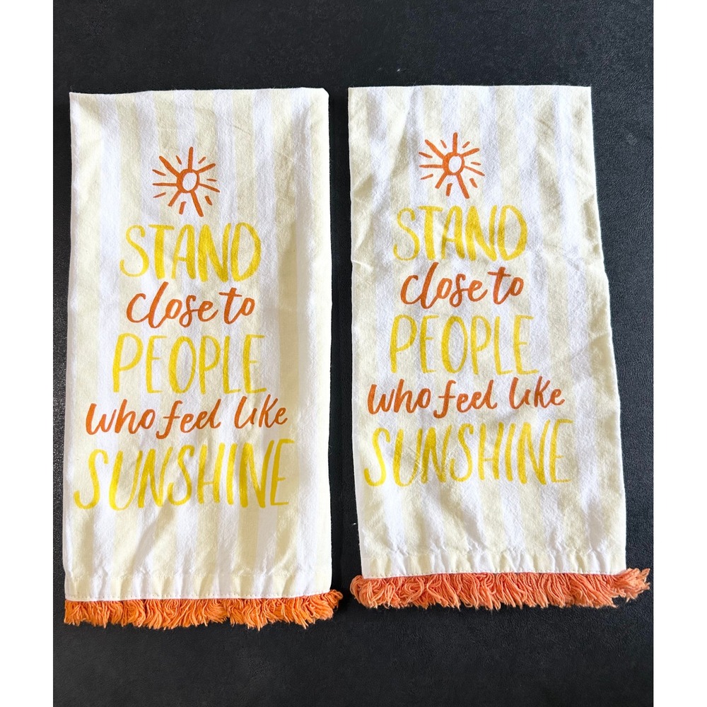 Pier 1 Imports Tea Towel Set/2 Yellow White Sunshine Striped Cotton Boho Fringe